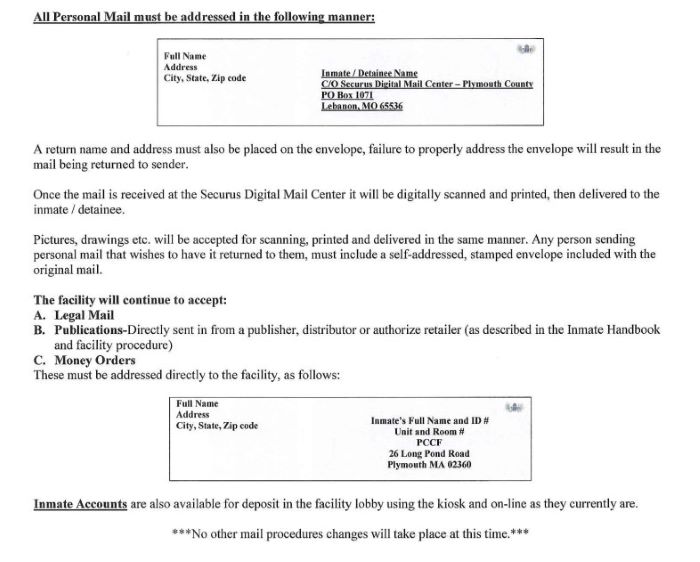 visits mail policy